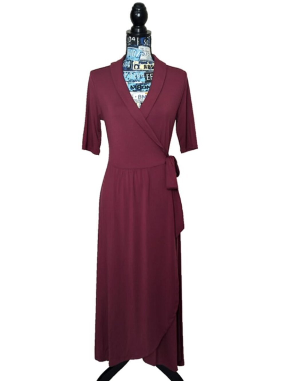 QUINCE Tencel Jersey Midi Wrap Dress Asymmetrical Hem Stretch Lyocell Wine M NWT - Picture 11 of 11